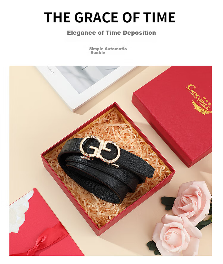CROCODILE Top-Grain Leather Fashion Belt for Women, Automatic Buckle, Exquisite And Minimalist Waist Belt T3797 Black Gift Box Set 1