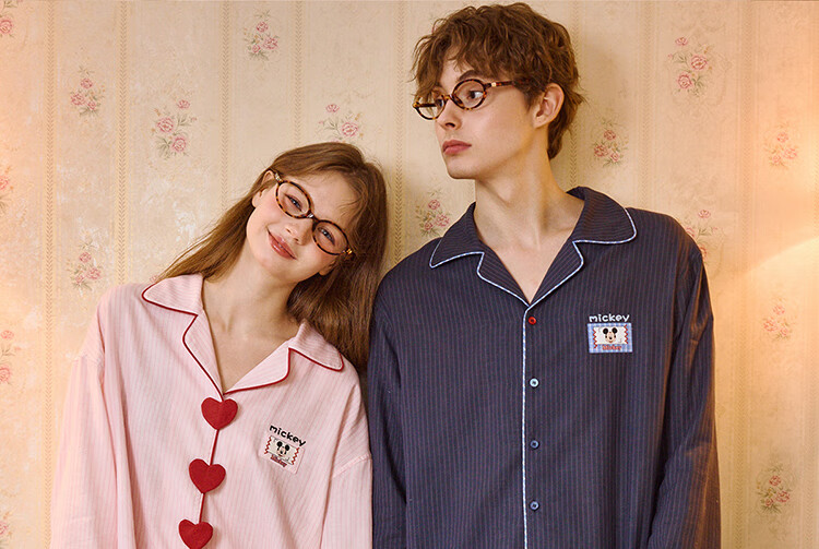 Gukoo Disney Series Striped Collar Cotton Long Sleeve Women's Pajama Set Couple Sleepwear Spring Autumn Ancient Pink S 22