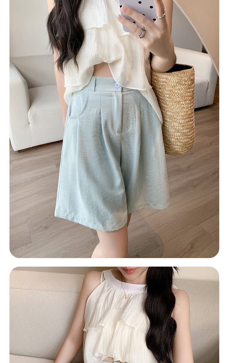 XUEXIMAN Puff Suit Shorts for Women, New Summer 2026 Style, Casual High-Waisted Draping Straight-Leg Slimming Wide-Leg Knee-Length Shorts 8