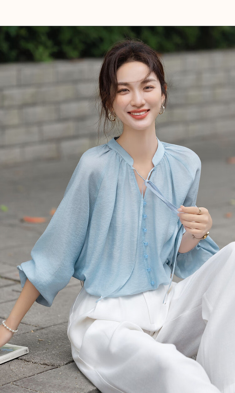 Demana [Simple Life] Spring and Autumn Lightweight Oxygen Linen Lyocell Blend Elegant V-Neck Ribbon Pocket Sleeve Women's Shirt 25