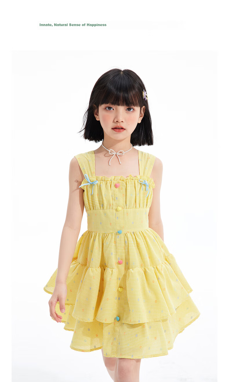 Zhimu Girls' Dress, for Older Children, Sweet Spaghetti Strap Princess Dress, Children's Dress, Cream Yellow, Size 160 1