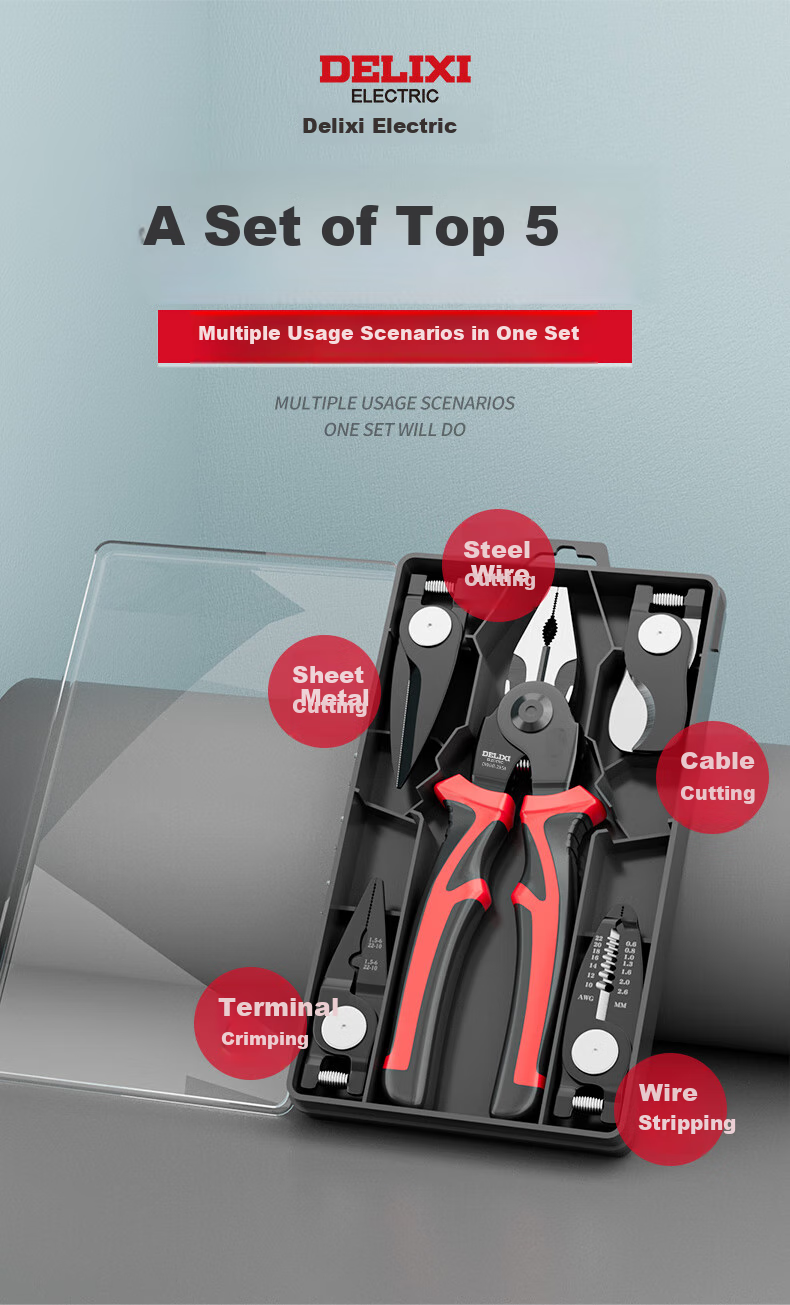 DELIXI Multi-Functional Pliers Set: Wire Cutters, Cable Strippers, Electrician's Pliers, Line Cutters, And Wire Crimpers 1