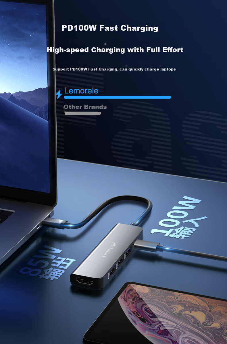 Lemorele Type-C Expansion Dock 5-In Mac Hub HDMI/USB/PD100W Compatible Thunderbolt 4 Laptop Adapter TC101 4
