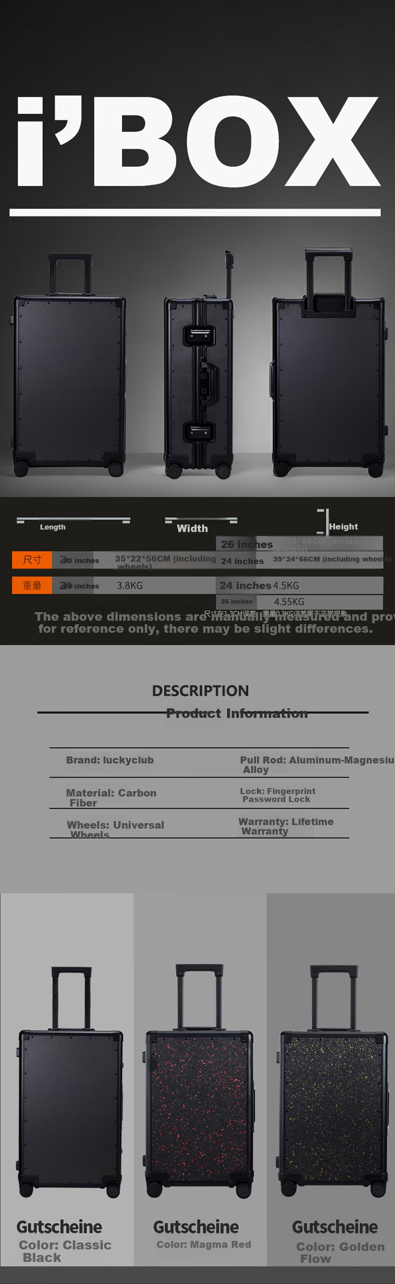 LUCKY CLUB Carbon Fiber Suitcase, High-End Travel Case, Carry-On Luggage, Trolley Case with Password Lock, Fingerprint Model in Classic Black, 26 Inches 9