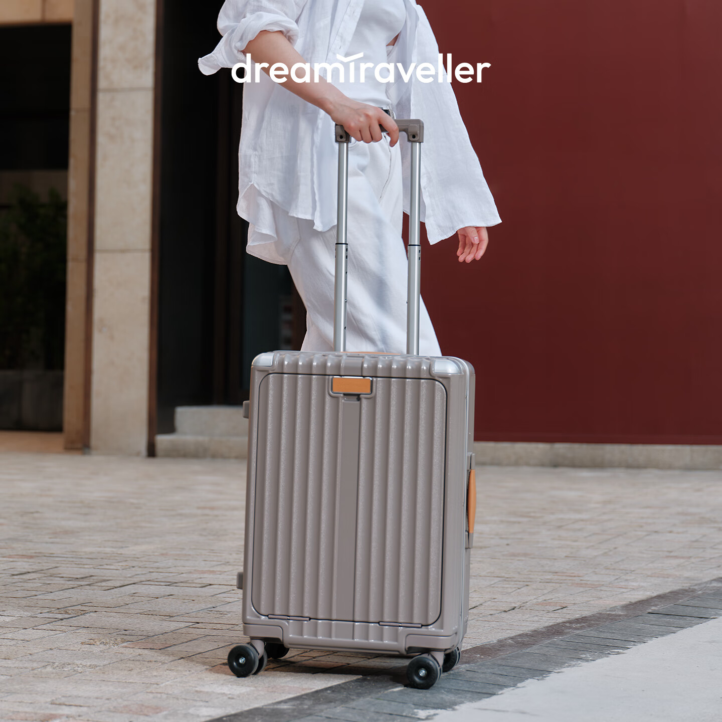 Dream Traveler Large Capacity Suitcase with Spinner Wheels, Multifunctional Trolley Case with Front Opening, for Men And Women, 20-Inch, Warm Gray