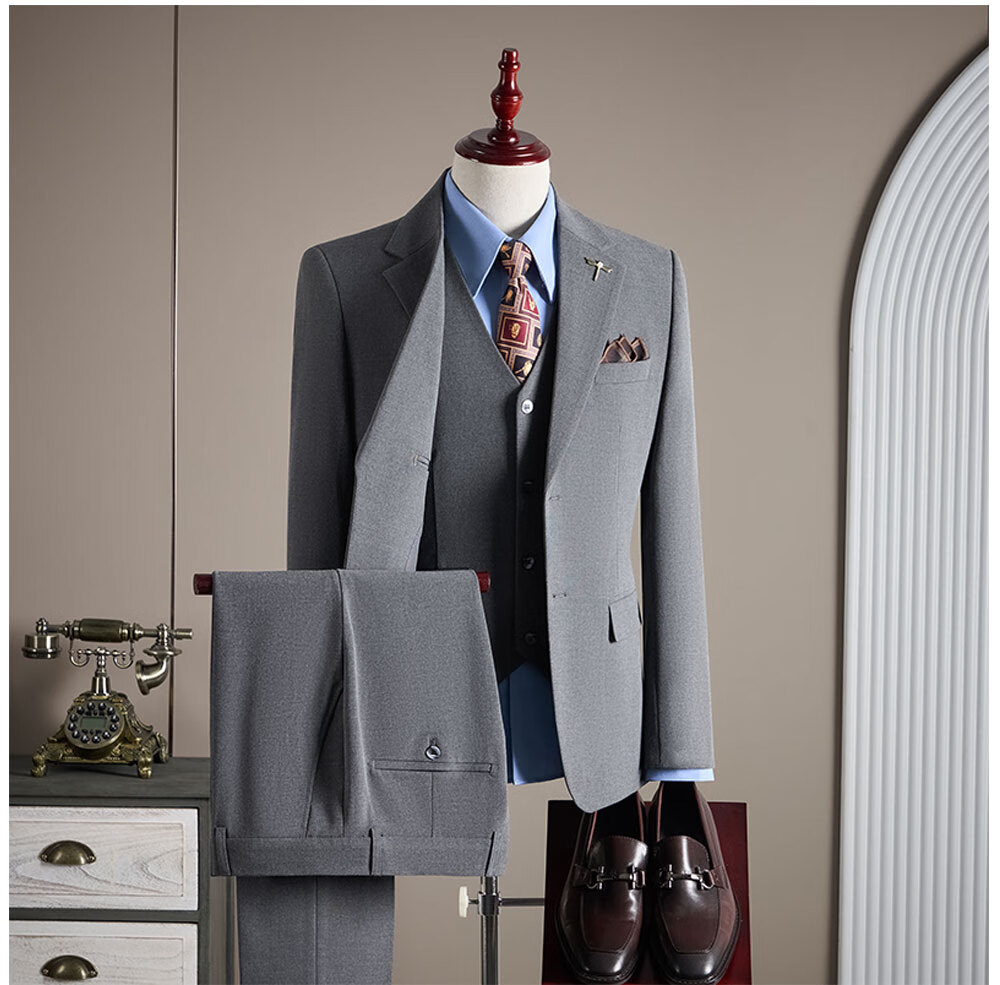 ROMON Men's Business Suit Set Blazer + Vest + Trousers Dark Blue M 8