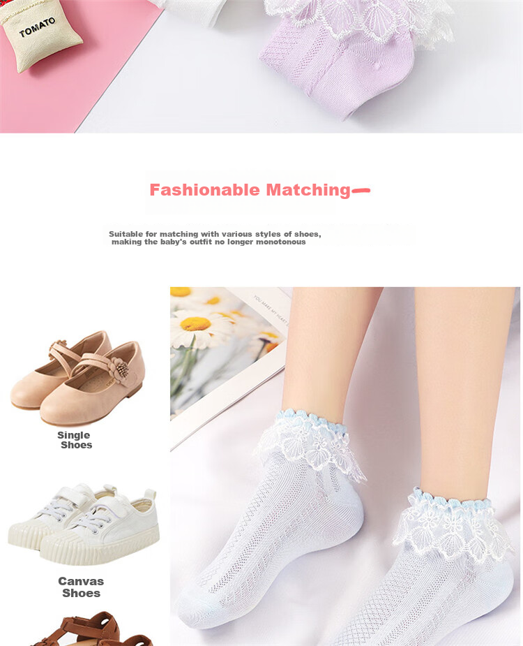 LangSha Children's Socks, Girls' Summer Thin Lace-Trimmed Dance Socks, Cute Versatile Princess Socks, White, 5 Pairs 3