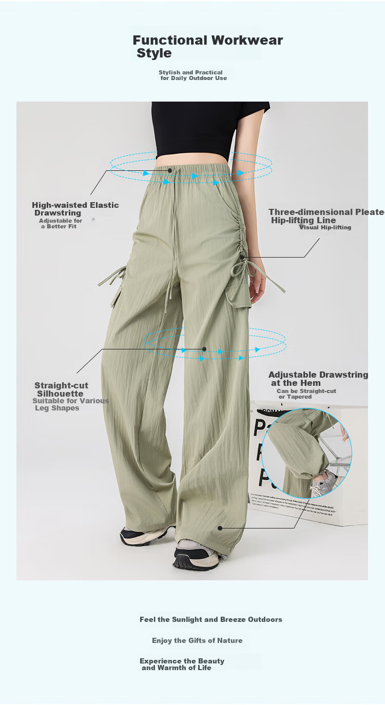 Free Style Women's High Waist Draped Wide Leg Cargo Pants 2026 Summer New Ice Silk Cool Casual Sports Paratrooper Tactical Pants 6