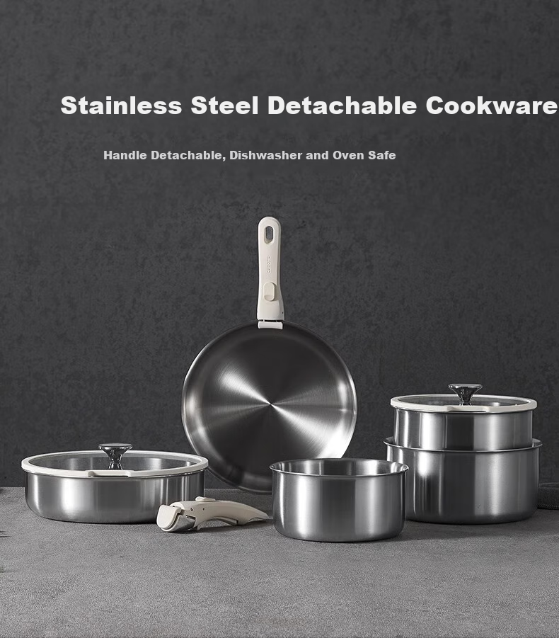 Carote Stainless Steel Detachable Handle Pan Cookware Frying Stir-Fry Non-Stick Coating-Free Steak Pan Set 2
