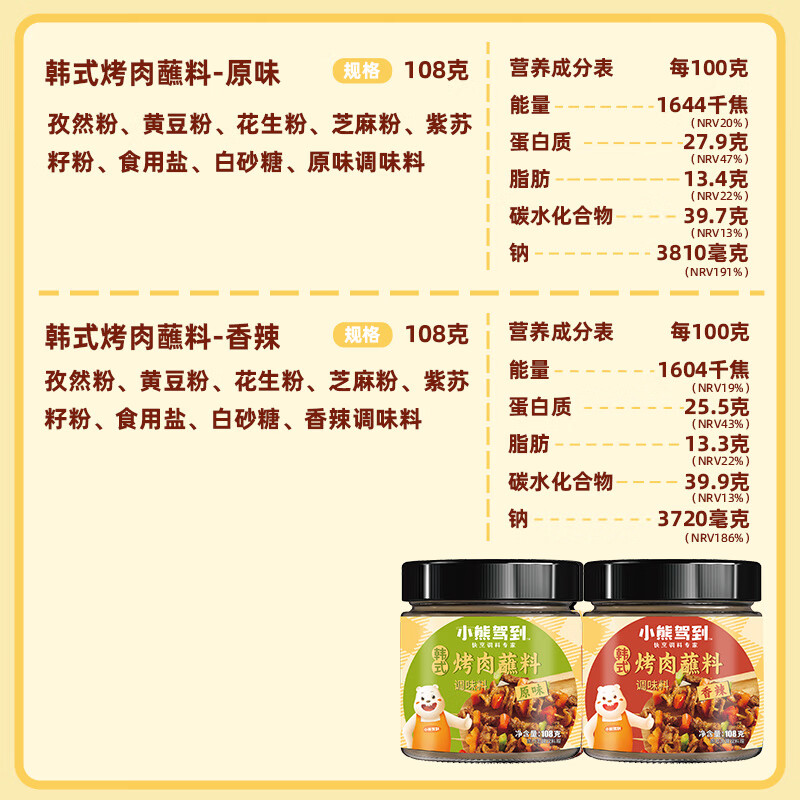 小熊驾到韩式烤肉蘸料108g*2罐（原味+香辣）烧烤料火锅蘸料干料调味料