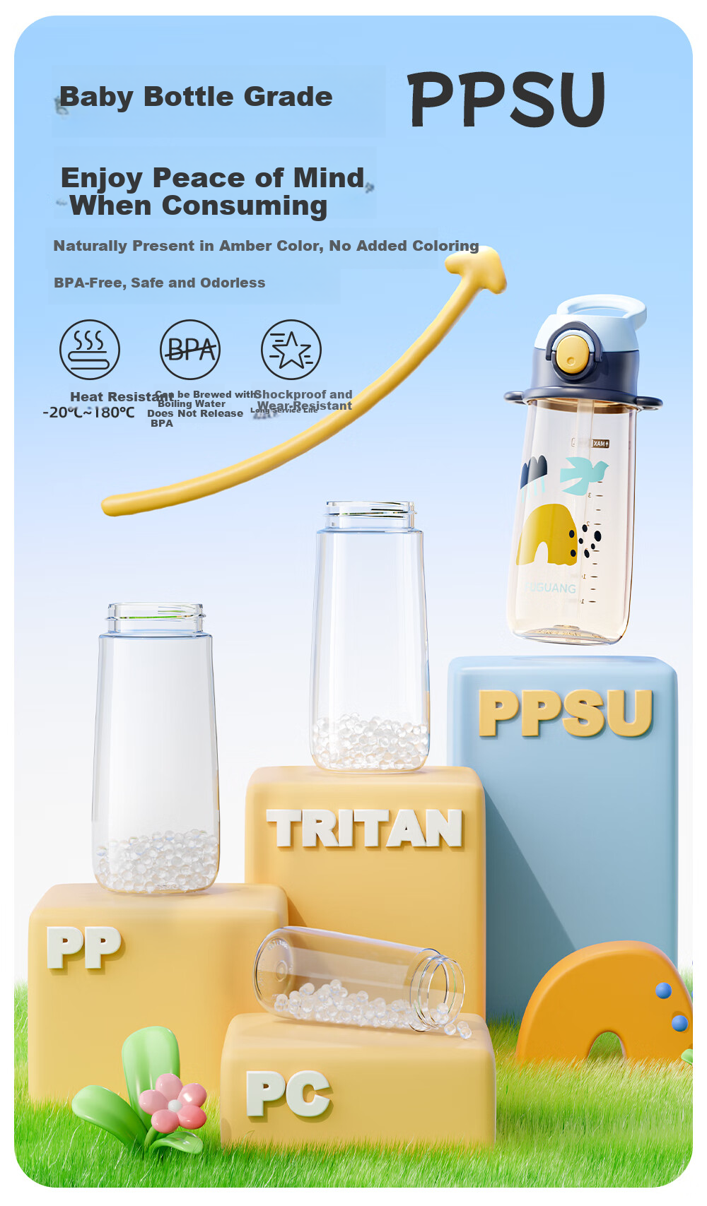 Fuguang Plastic Cup, Children's Water Bottle, PPSU Straw Cup, for Toddlers, Primary School Students, Pregnant Women, Infants And Kindergarten Children, 560ml 3