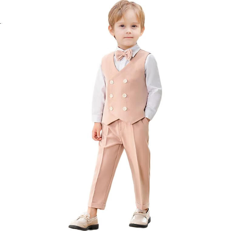 LUOBOBEIBEI Children's Formal Wear British-Style Vest Set, Boys' Flower Boy Wedding And New Year Outfit, Pink Long-Sleeve Four-Piece Set, Size 140