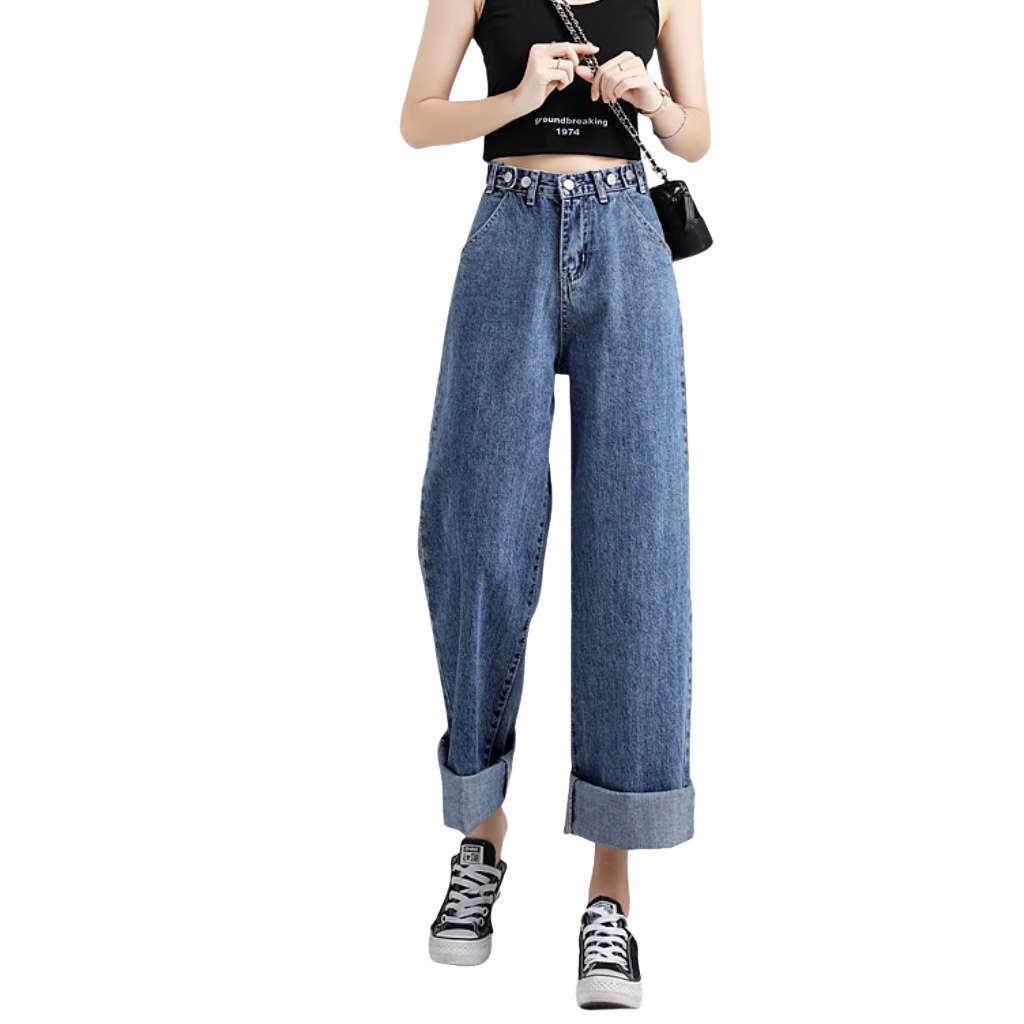 Jeanswest Women's Summer Thin High-Waist Wide-Leg Slim Straight-Leg Floor-Length Jeans Dark Blue S