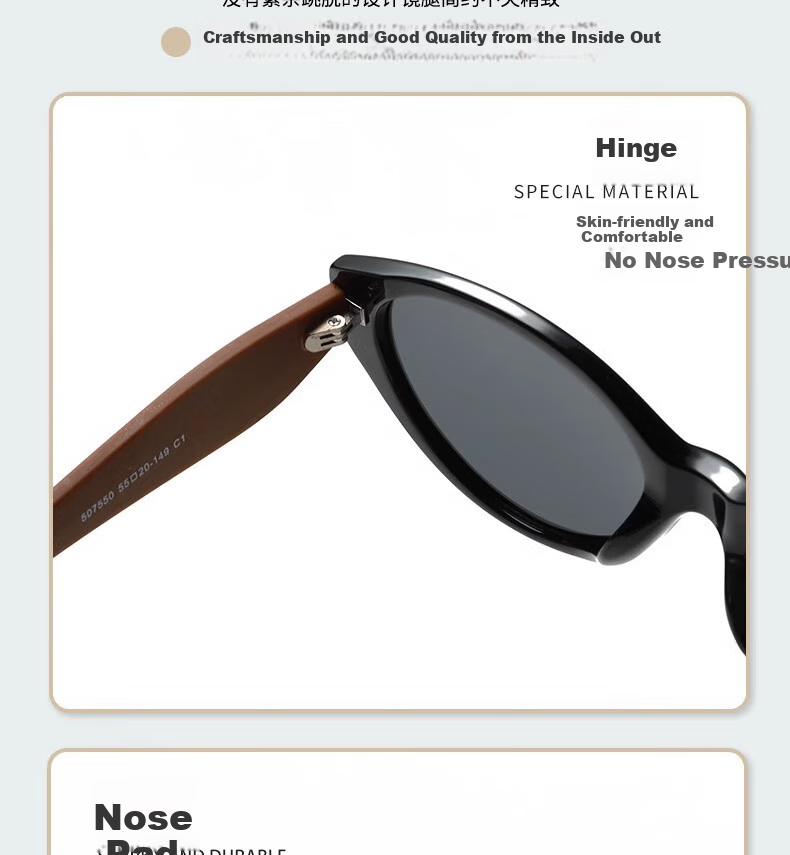 Boshide Sunglasses, Polarized Sunglasses, Cat Eye Retro Wood Grain Versatile Fashionable High-End Look, Glossy Black Frame with Gray Lenses 9