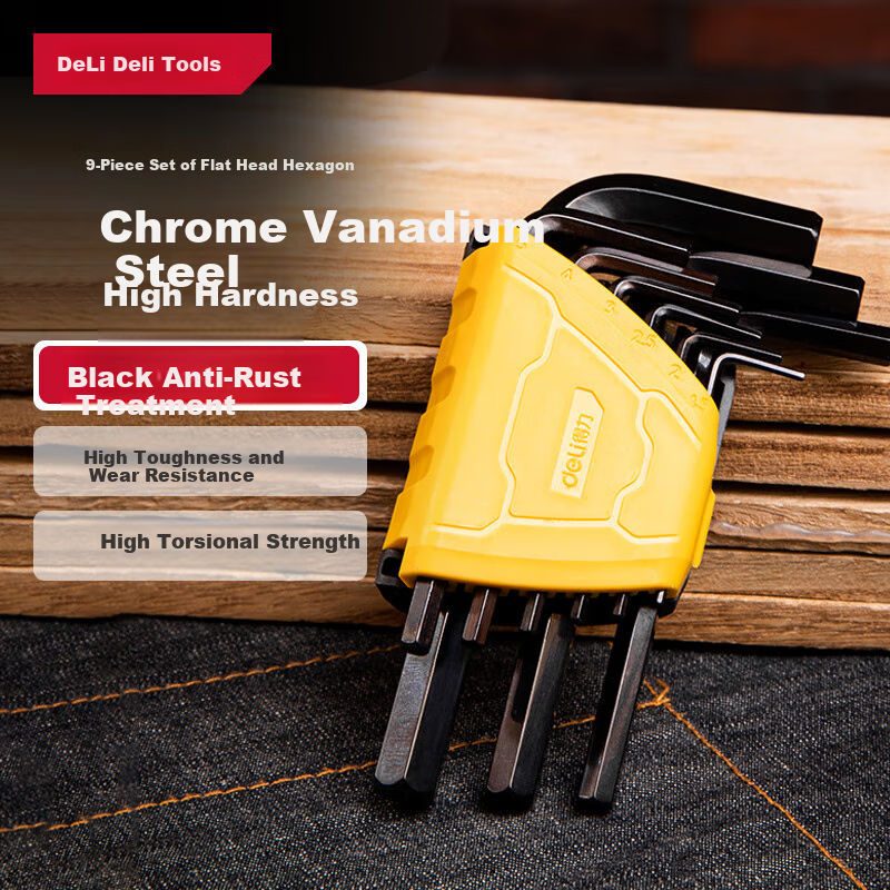 Deli Black Anti-Rust High-Hardness Hex Key Wrench Set, Hexagonal Wrench Combination, 9-Piece Set