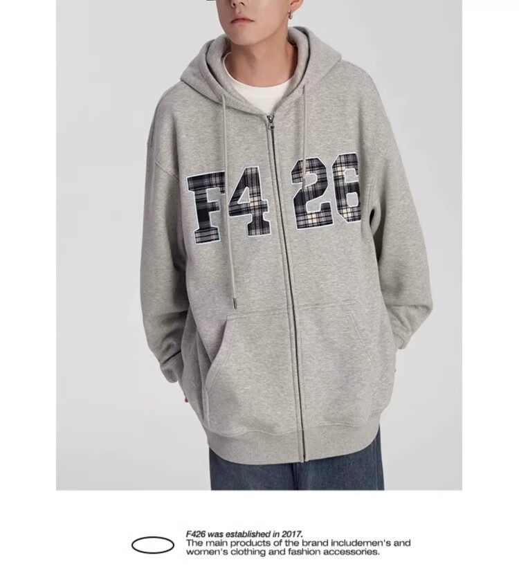 F426 [Zhao Lusi's Style] National Trend Brand Loose Fit Large Logo Plaid Patchwork Embroidered Sweatshirt Jacket, Floral Gray, L 7