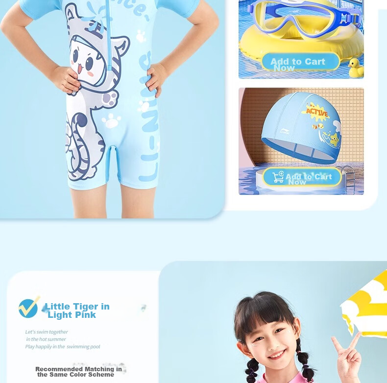 Li-Ning Children's Swimsuit One-Piece Square-Leg Swim Trunks Surfing Suit Quick-Dry Hot Spring Swimwear for Boys And Girls Aged 3-6 15