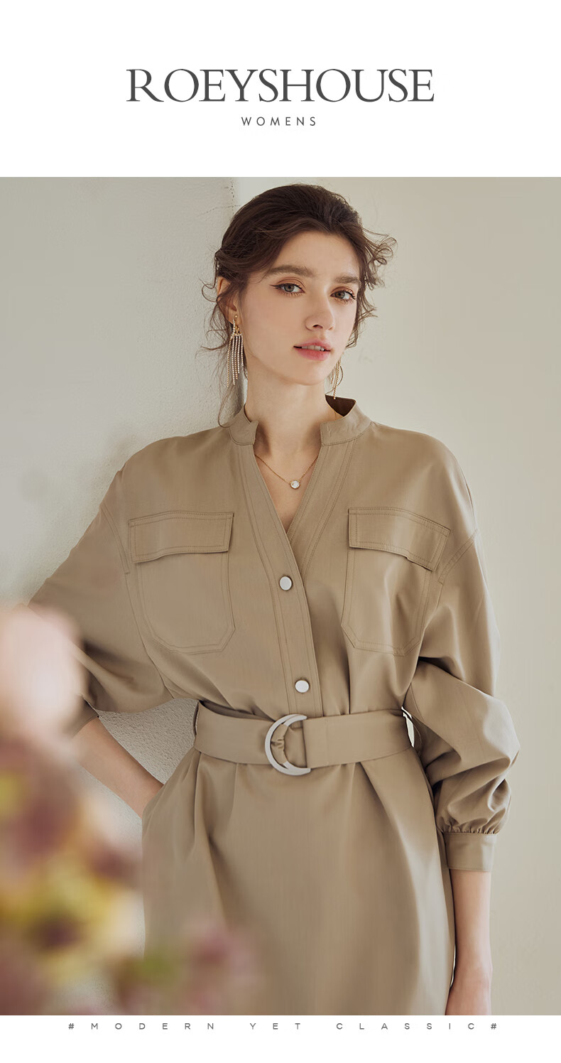 ROEYSHOUSE Waist-Cinching Commuter Dress, 2026 Autumn Collection, Elegant Tie-Waist Midi Skirt 07245, Khaki Green, Size S 1