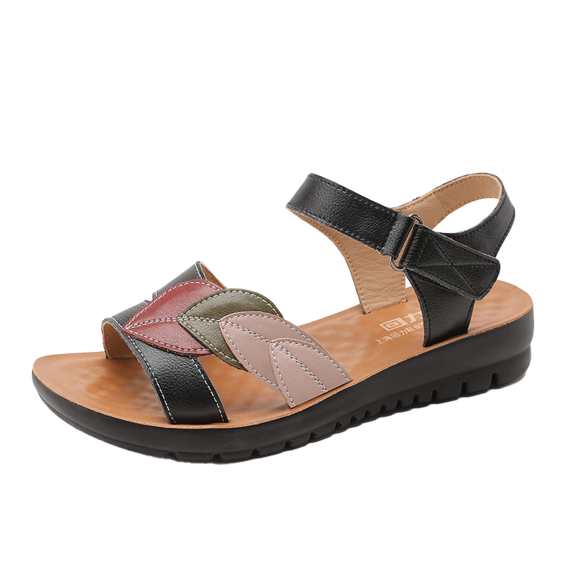 Warrior Mom Sandals Middle-aged and Elderly Women 50-60 Years Old New Summer Non-slip Soft Sole Genuine Leather Grandma Shoes 0679 Black Size 34