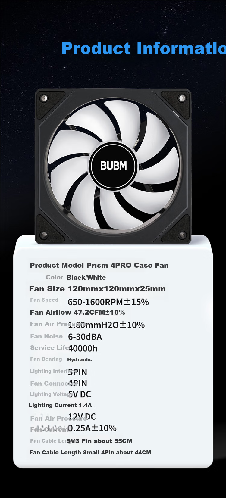 BUBM Case Fan Prism 4pro 12cm ARGB Synchronized Lighting, Computer Cooling Fan PWM Intelligent Temperature Control, Desktop High Airflow, Quiet Fan, White Straight Blade 8