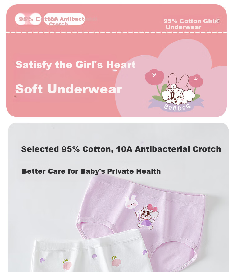 BOBDOG Children's Underwear, Girls' Antibacterial Panties, Baby And Teen Cotton Triangle Briefs, Girls' Shorts 1
