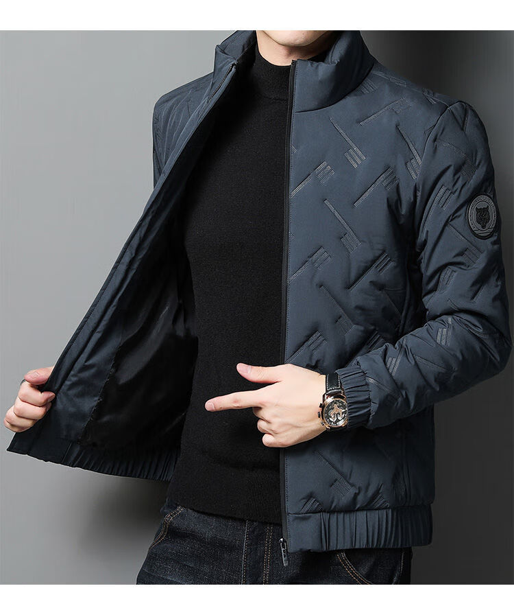 ROMON Men's Cotton Jacket Autumn Winter Business Casual Comfortable Stand Collar Cotton Coat Warm Outerwear 32207 Blue 4XL 12