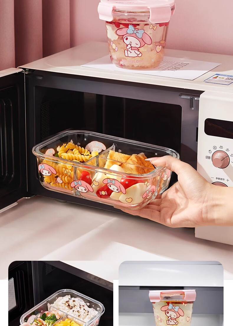 MANCHAOJIA Sanrio Glass Lunch Box Microwave Heating Fresh-Keeping Bowl Office Bento Soup Bowl Hello Kitty 700ML 18
