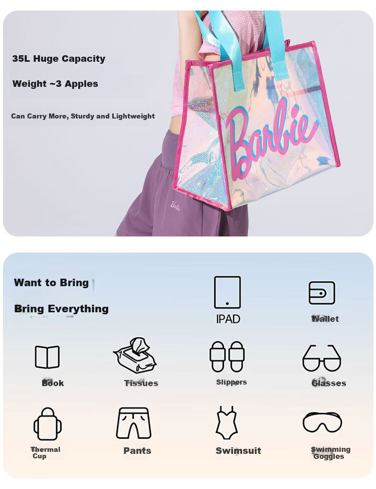 Barbie Beach Bag with Dry And Wet Separation, Swimming Bag, Seaside Transparent Travel Bag, Handheld Large Capacity Fitness Yoga Storage Bag 4