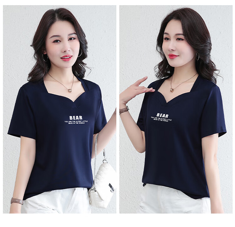 Woodpecker Ice Silk Short Sleeve T-Shirt Women Summer New Middle-Aged Thin Slim Casual Half Sleeve Top Royal Blue 3XL 16