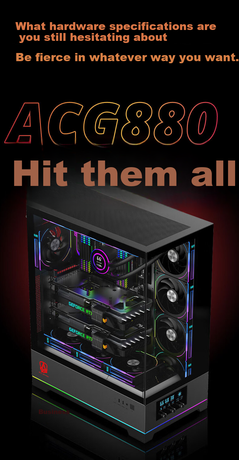 AOC ACG880B Black EATX Gaming PC Case, 270° Panoramic View Quick-Release Design, 9-Slot Dual Graphics Card Support, Compatible with 480mm Water Cooling, Digital Display Scree 2