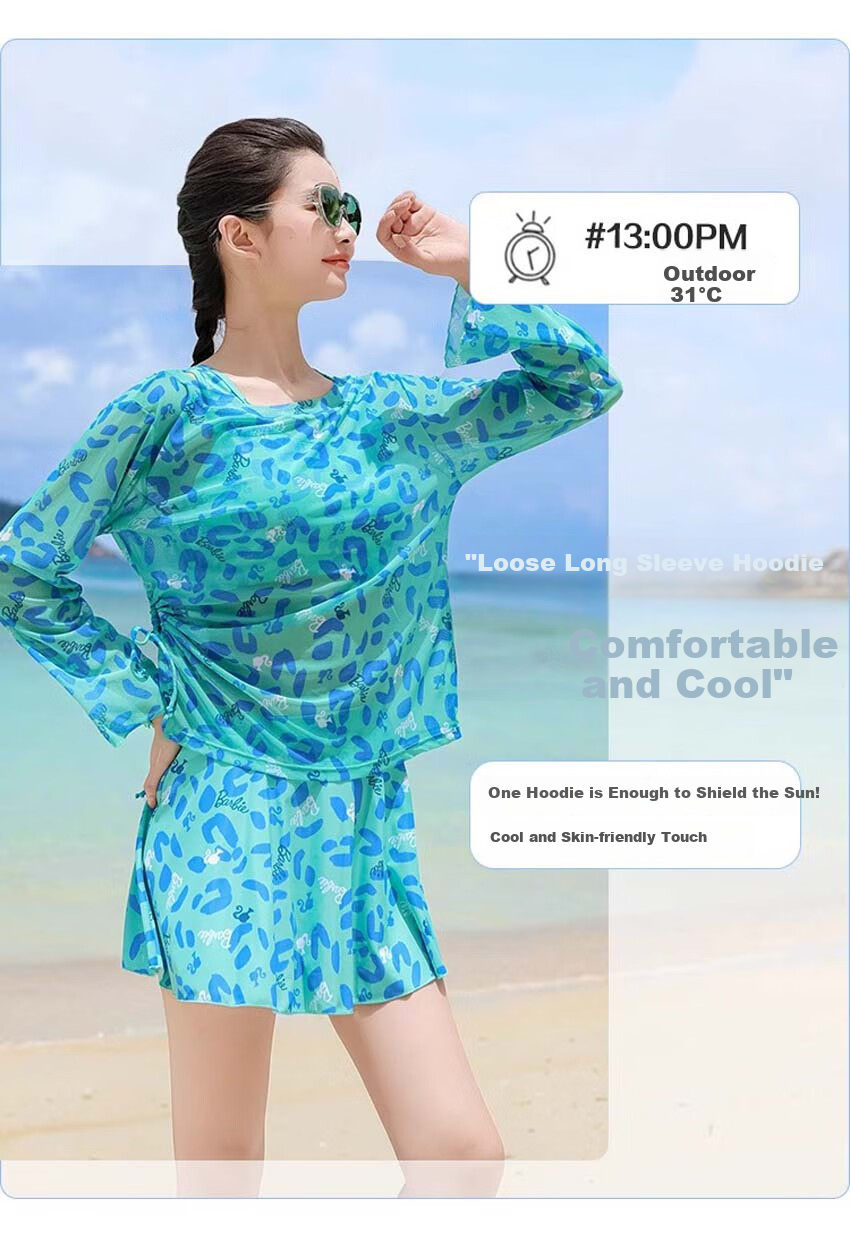 Barbie Women's High-End Conservative Long-Sleeve Swimsuit Set with Skirt for Beach Vacation, Slimming And Concealing Three-Piece Swimwear 4