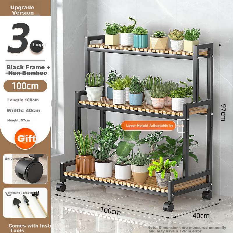 Milin Modern Minimalist Flower Stand, Floor-Standing Balcony Iron Art Living Room Decorative Flower Stand, Bonsai Shelf, 100cm Three-Tier Black