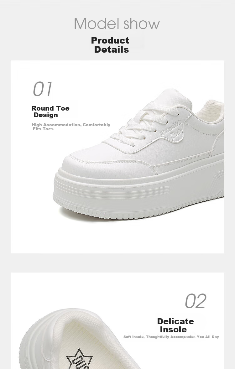 Dusto Thick-Soled Versatile Round-Toe White Sneakers for Women, 2026 New Popular Spring Style, Height-Increasing Shoes for Petite Women, Panda Shoes 6