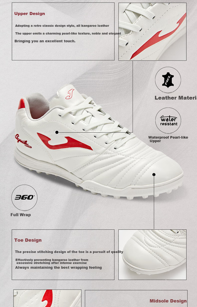 JOMA Kangaroo Leather Soccer Shoes for Men TF Turf Cleats Adult Youth Professional Competition Football Training Shoes White And Red Size 40.5 3