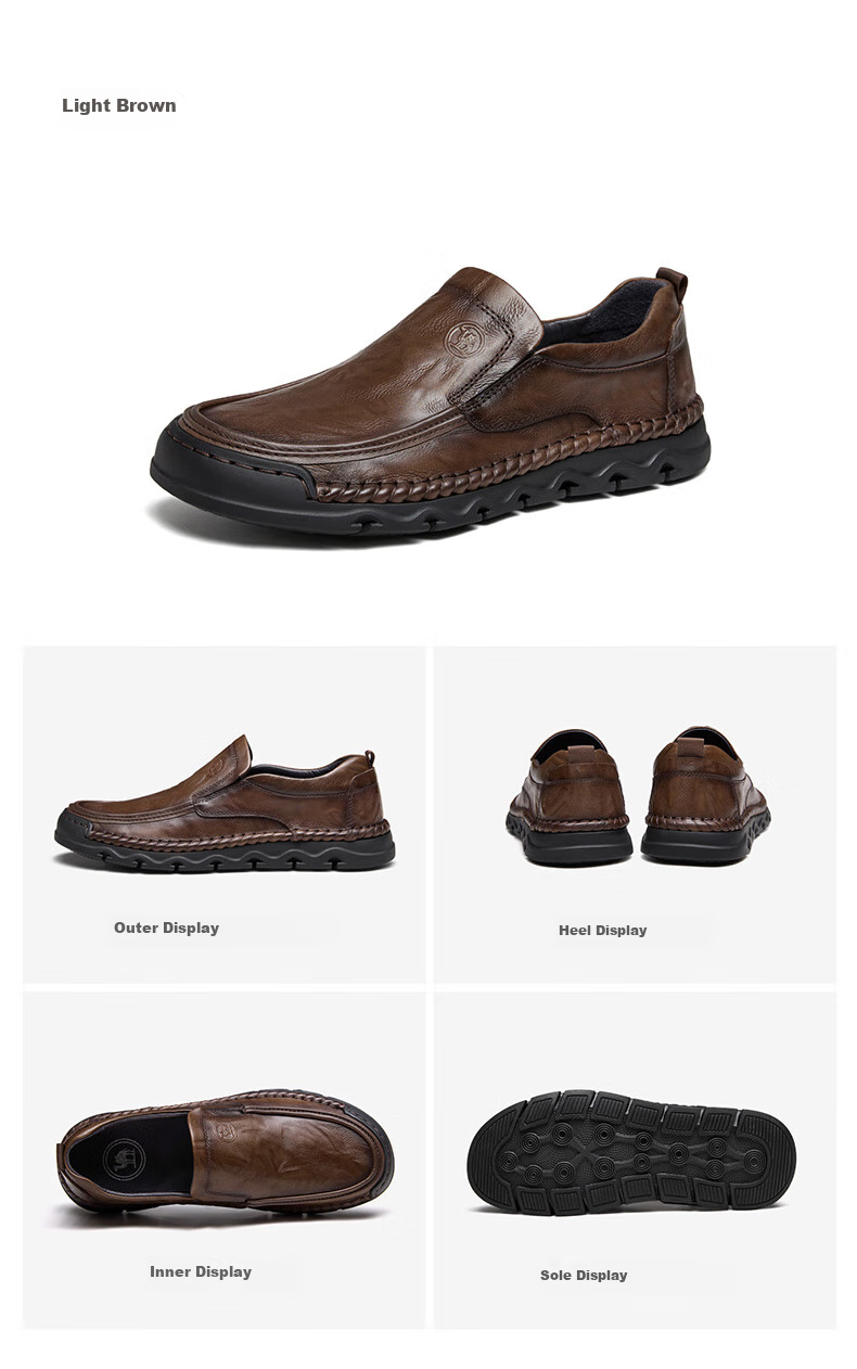 CAMEL Leather Shoes for Men, Casual Business Cowhide Soft-Soled Dad Shoes Slip-On Men's Shoes P15A297013 Light Brown 40 11
