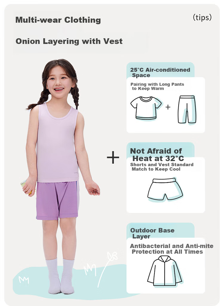 THREEGUN Children's Cooling Woodland 3A Antibacterial Round Neck Tank Top for Boys And Girls, Light Purple, Size 110 9