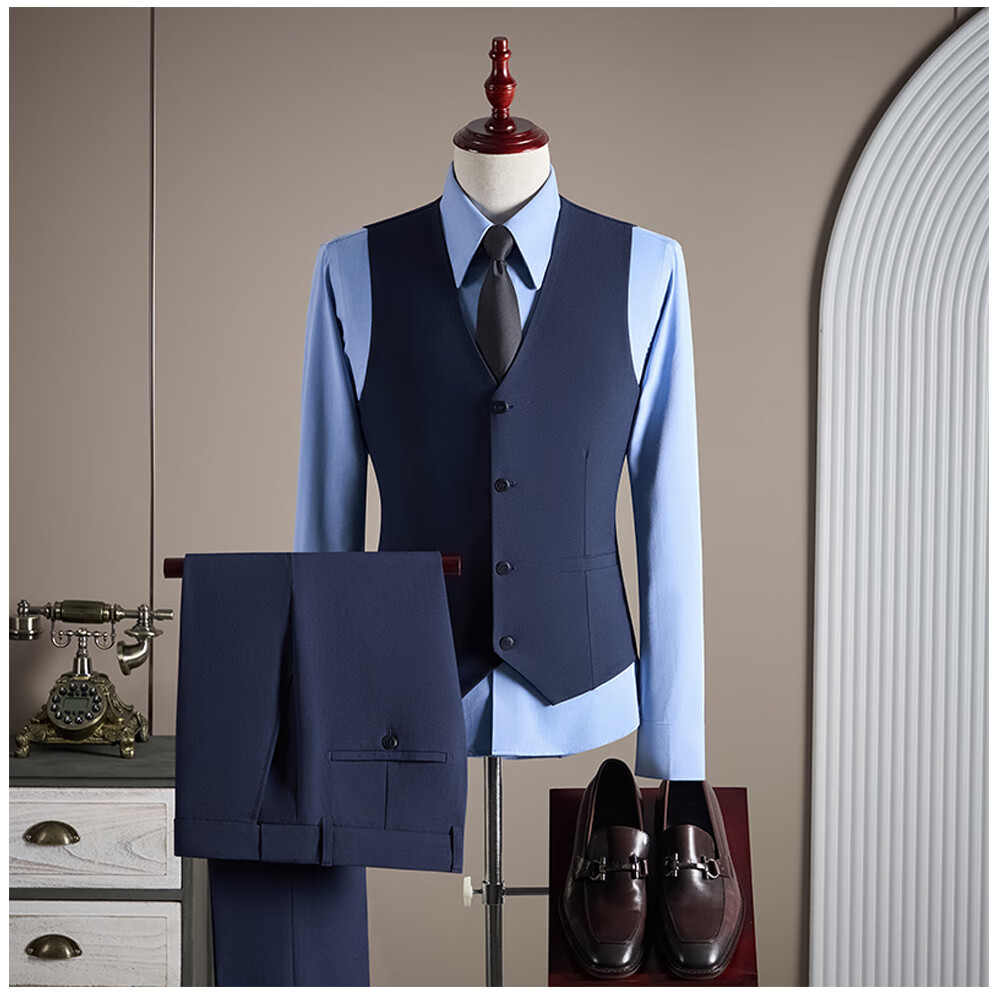 ROMON Men's Business Suit Set Blazer + Vest + Trousers Double-Breasted Casual Navy Blue 3XL 15