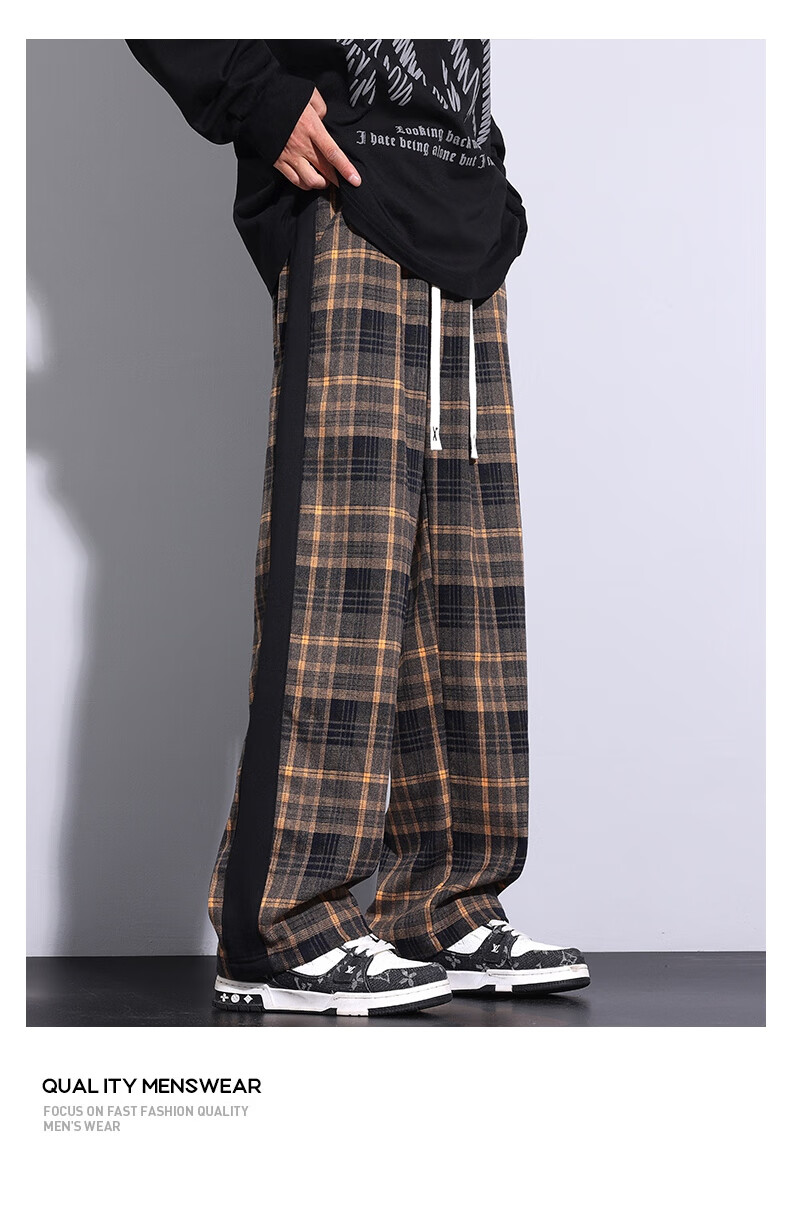 IZEXX Men's Plaid Pants, Summer American Straight Wide-Leg Loose Versatile Casual Pants, Sporty Retro Style ZL27 Gray L 7