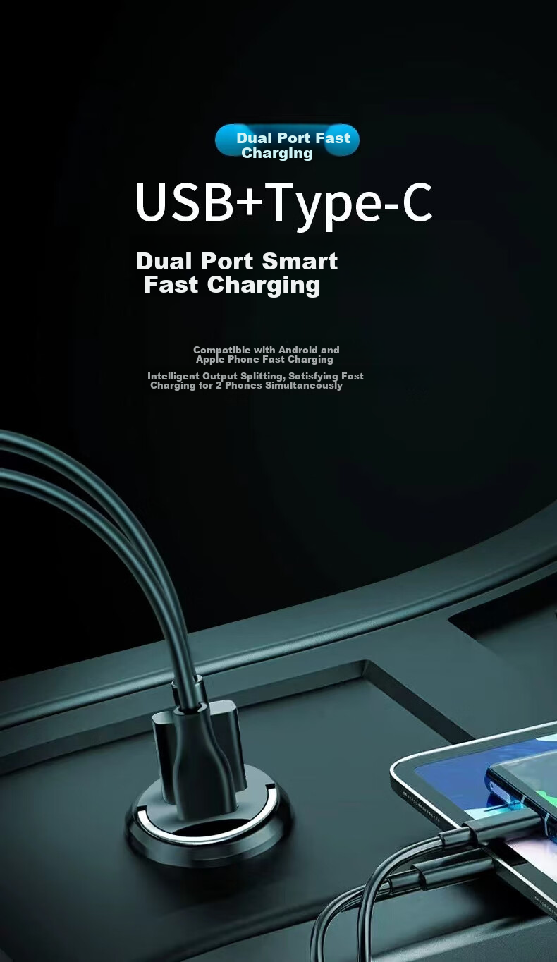 YOMO Car Charger, Cigarette Lighter Socket, PD30W All-Metal Super Fast Charging Adapter Plug, Compatible with Apple 16 Huawei/Xiaomi, Dual-Port, Black 3