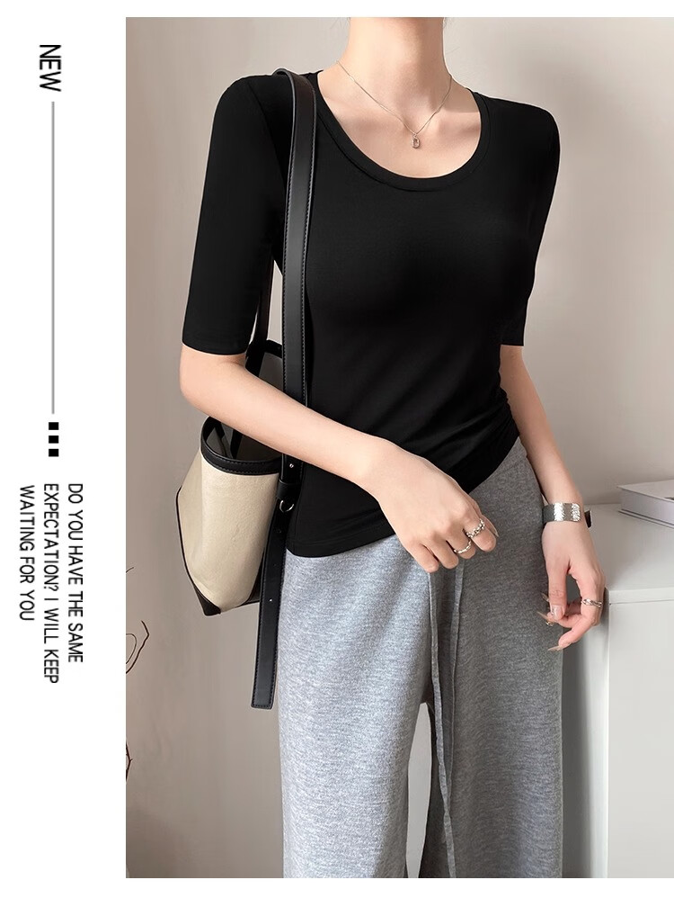 NOME White T-Shirt for Women, Mid-Sleeve Round Neck Summer Modal Undershirt Slim-Fit Solid Color Three-Quarter Sleeve Top Black L 5
