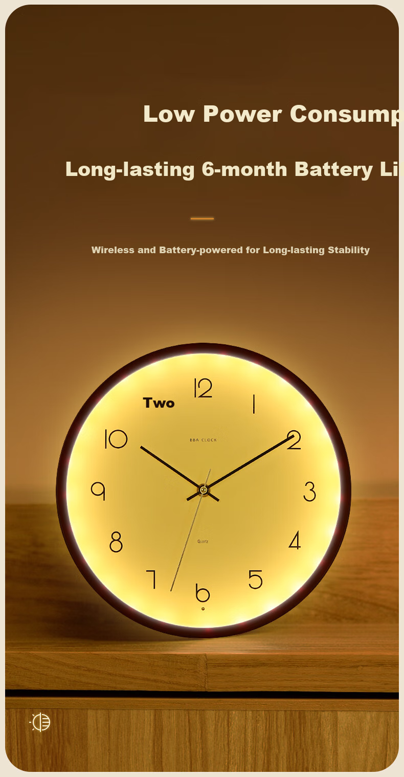 BBA Wall Clock, Creative Night Light, Living Room Wall-Mounted, Home Use Luminous Bedroom Clock, Walnut Color - Ambient Light, 30cm 3