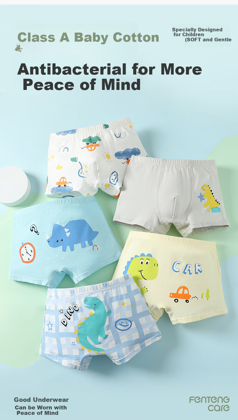 FENTENGCARE Kids Underwear Class A Baby Cotton 7A Antibacterial 5-Pack 100% Cotton Crotch Boys Cartoon Boxer Briefs 1