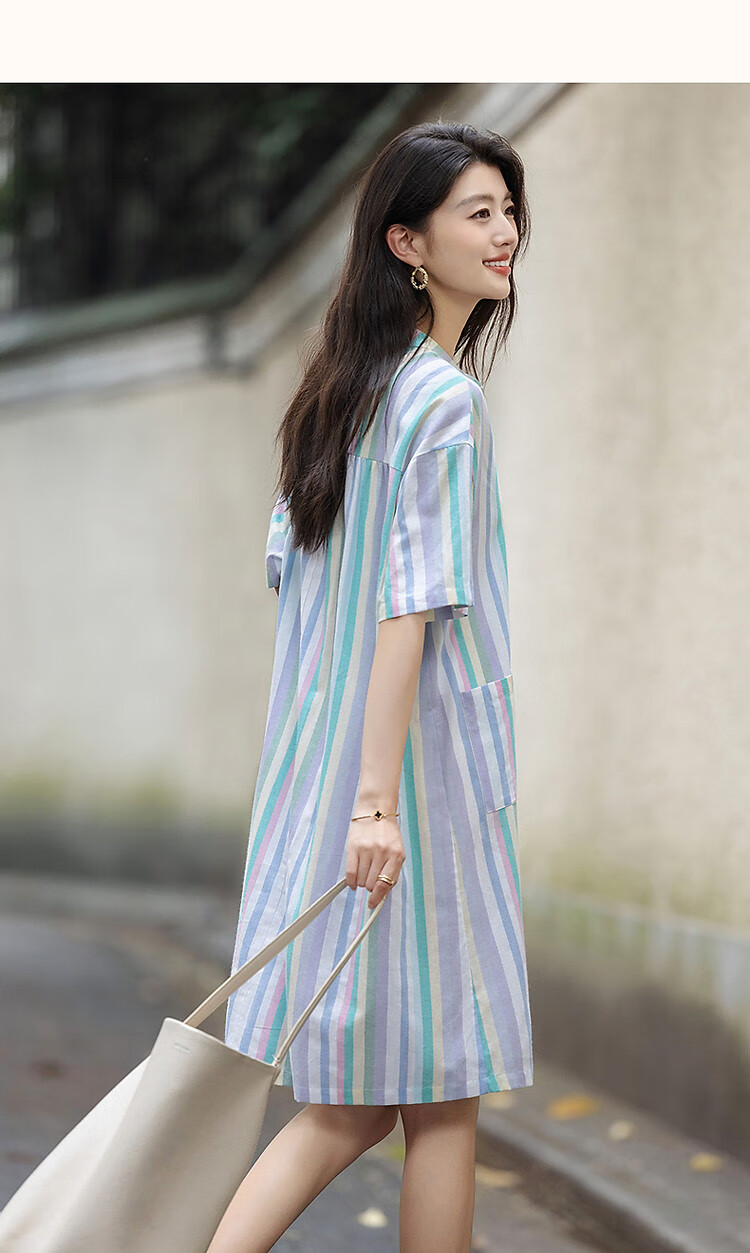 Dme [Healing Class Style] Summer Short Stand-Collar Cotton Lyocell Blend Short-Sleeve Loose Waist Mid-Length Women's Dress 15