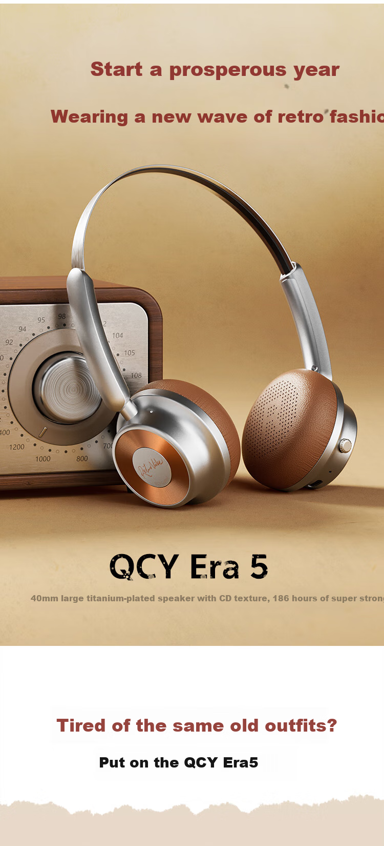 QCY Era 5 Retro Fashion Headphones, HiFi Sound Quality, Long Battery Life, High Aesthetic Value, Lightweight Metal, Millennium Internet Celebrity Atmosphere, Birthday Gift, Tape Black 6