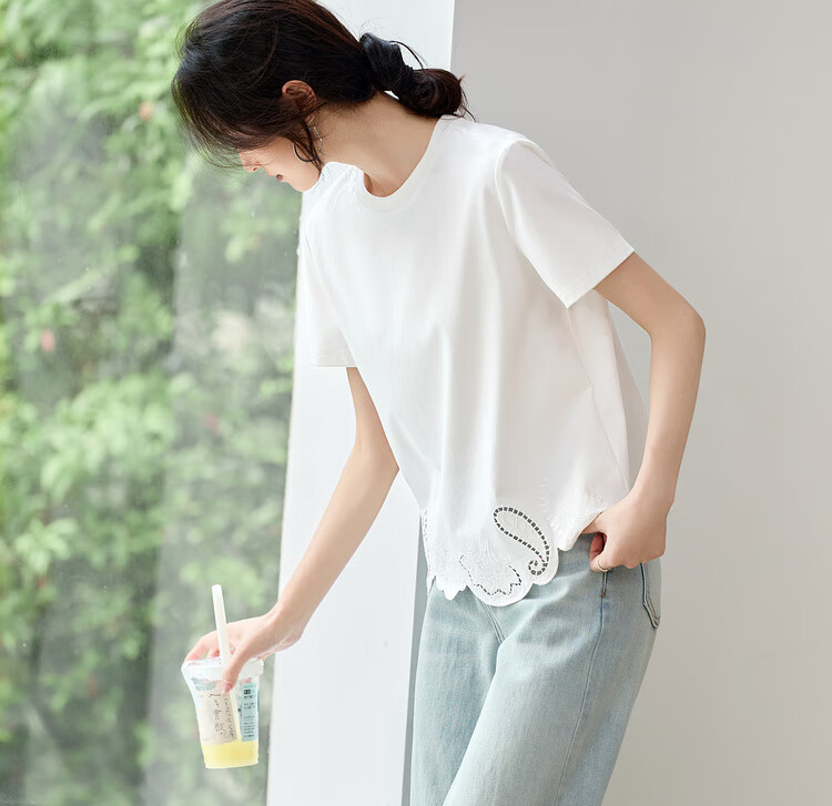 Sentubila Round Neck Hollow Embroidered Short Sleeve T-Shirt Women Summer Elegant Slim Fit Casual Designer Inner Top 18