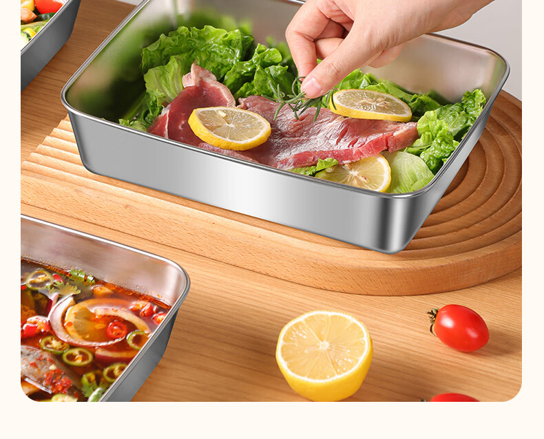BJ 304 Extra Thick Stainless Steel Rectangular Tray, Serving Tray, Street Vending Tray, Cold Dish Tray, Barbecue Plate, Large Food Storage Container with Lid, Set of 3 15