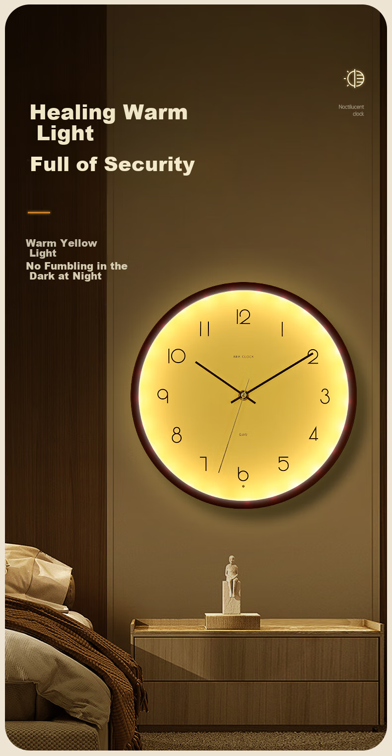 BBA Wall Clock, Creative Night Light, Living Room Wall-Mounted, Home Use Luminous Bedroom Clock, Walnut Color - Ambient Light, 30cm 2