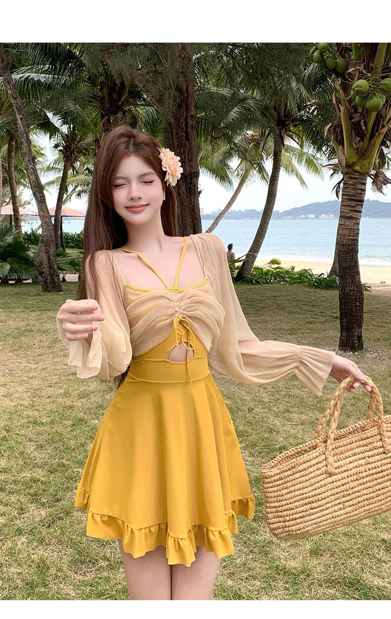 DK One-Piece Swimsuit Dress for Women, Conservative Style, New Hot Spring Design, Push-Up for Small Chest, Slimming Effect, Vacation Beach Wear, Elegant Look 10