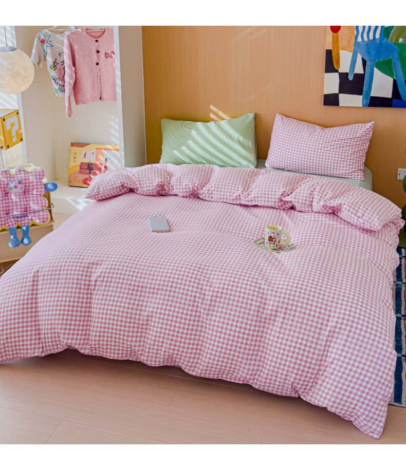 Yalu Class A Antibacterial Double-Layer Gauze, Home-Use Antibacterial Breathable Ultra-Soft Double-Layer Gauze Washed Cotton Bedding Set - Pink Apricot Check Pattern Suitable for 1.5/1.8m Bed, Duvet Cover 2m*2.3m 4
