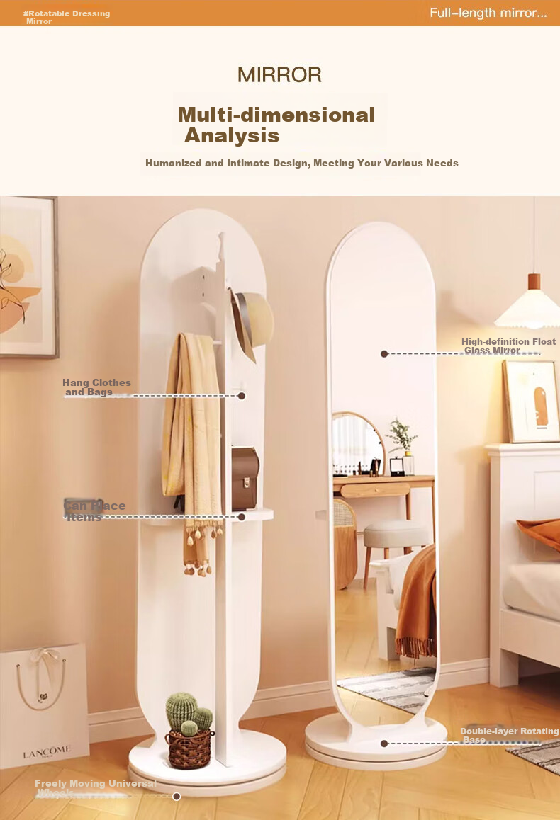 Quanpinwu Rotating Full-Length Floor Mirror, Home Bedroom Coat Rack Mirror Combo, Dressing Mirror Stand, White, 30cm 5